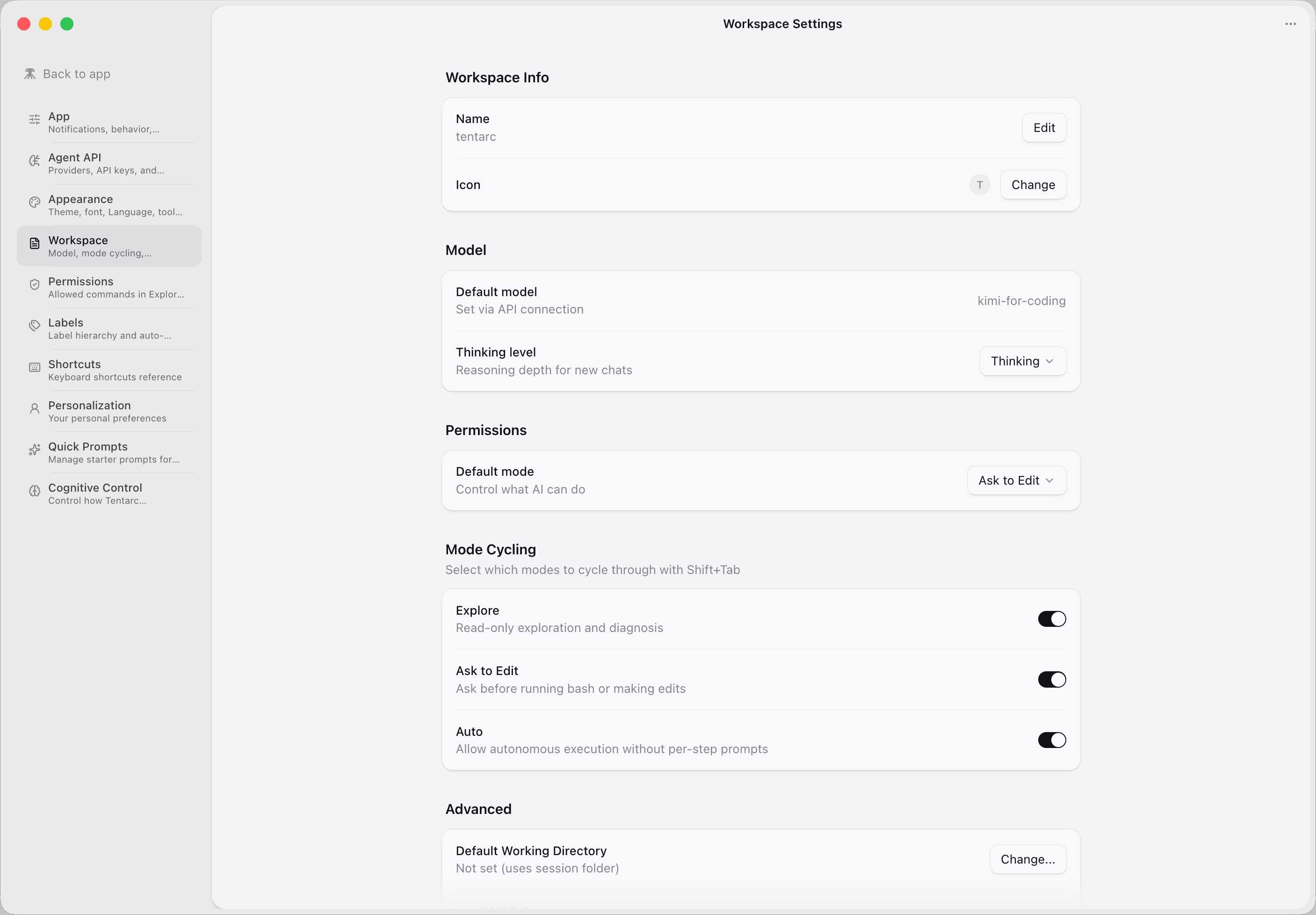 Tentarc Workspaces Settings